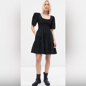 NWT GAP Smocked Puff Sleeve Poplin Cotton Mini Black Dress Grunge Fairy, XS